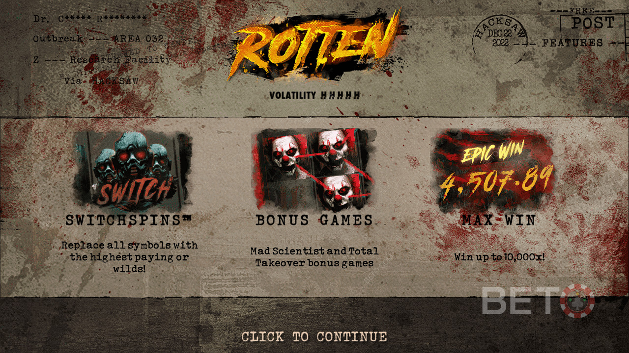 Score SwitchSpins, Free Spins, and more in the Rotten pokie by Hacksaw Gaming