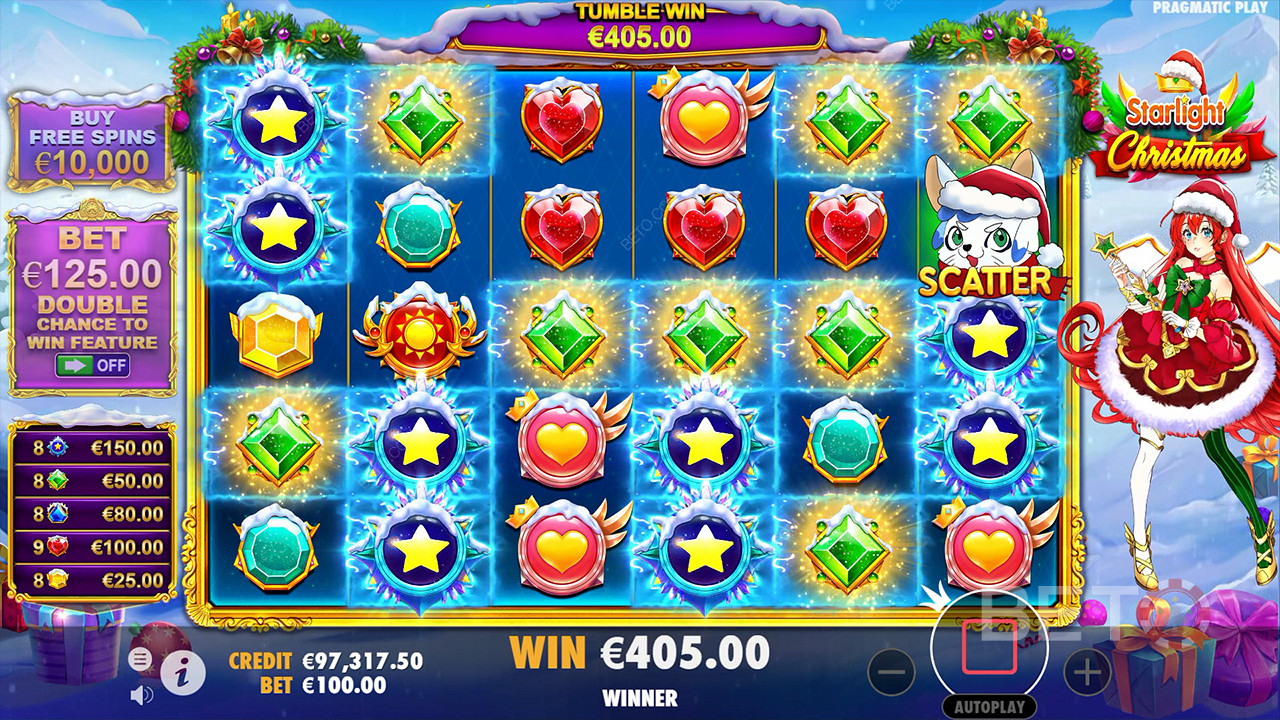Score big with festive symbols in the Starlight Christmas pokie