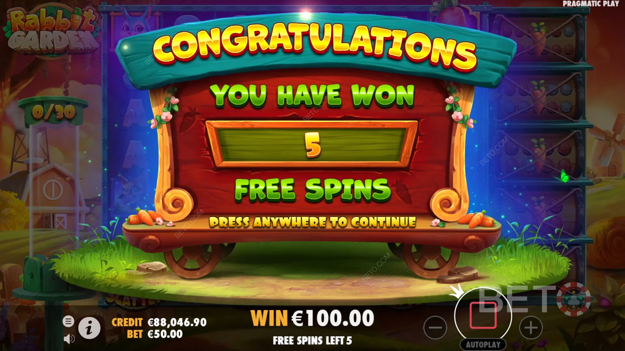 Score 5 Free Spins when you nab 4 or more Scatters