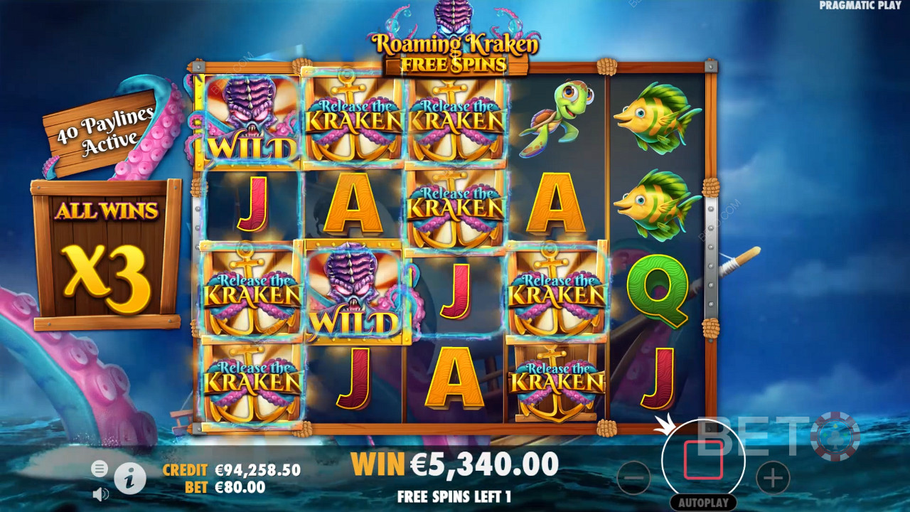 Sticky Wild symbols boost wins in the Free Spins of Release the Kraken pokie