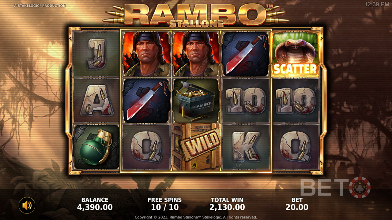 Blast through Bonus Features in the action-packed Rambo online pokie