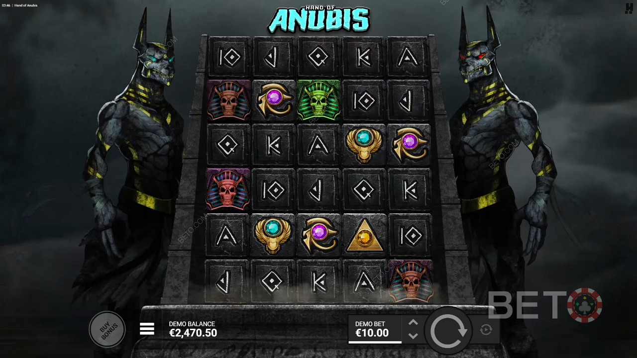 The larger grid boosts your chances in the Hand of Anubis online pokie