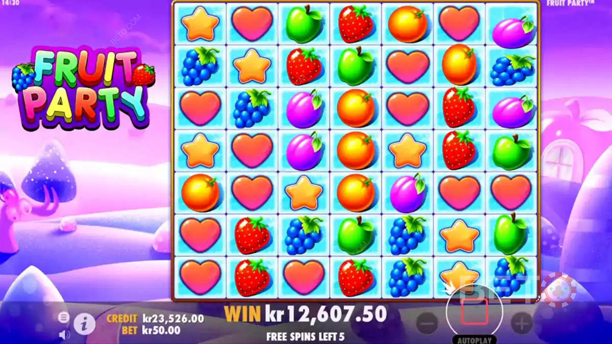 Vibrant fruity graphics in Fruit Party pokie