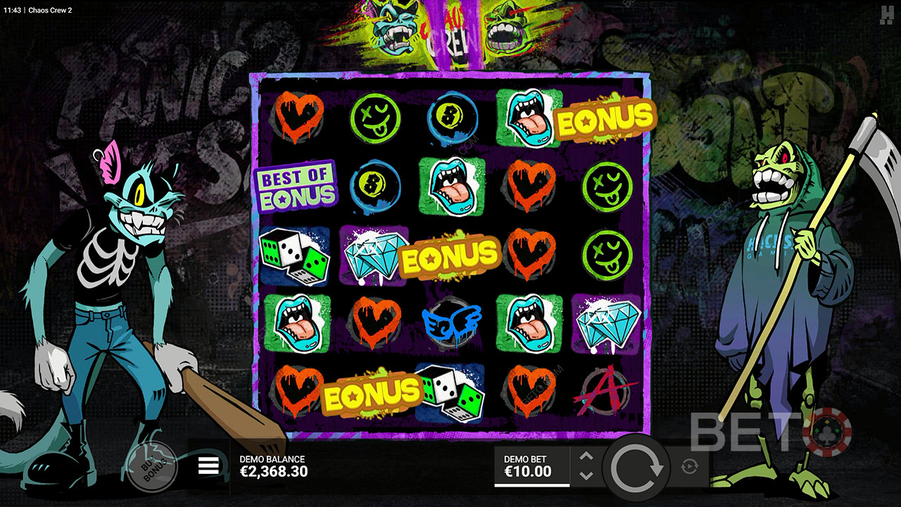 Score the Bonus Round with 3 bonus symbols in Chaos Crew 2 online pokie