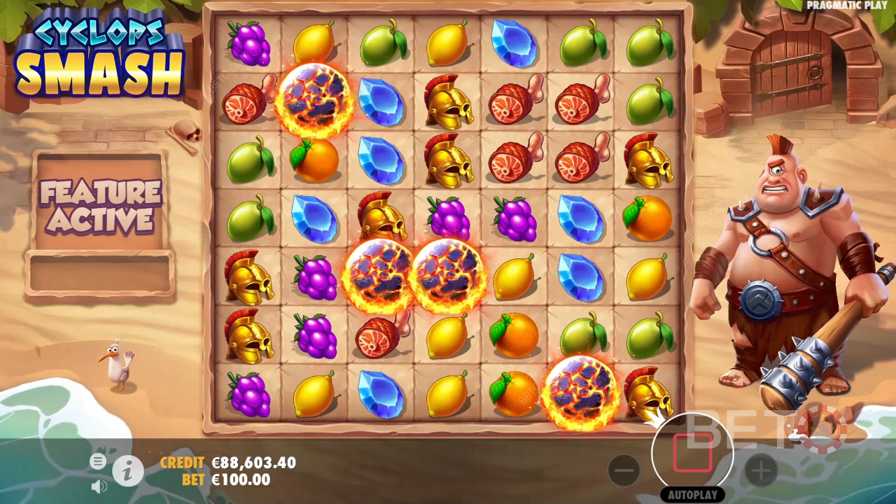 4+ Scatter symbols trigger Free Spins in Cyclops Smash pokie game