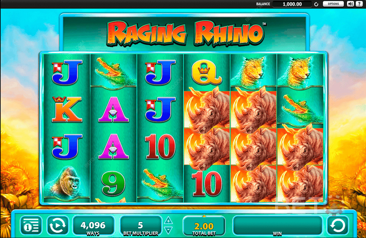 The six-reel and four-row layout of Raging Rhino