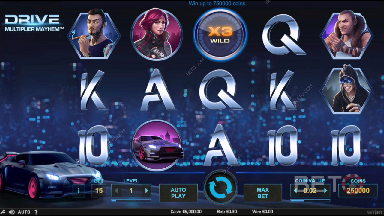 NetEnt presents Drive: Multiplier Mayhem with 5 reels and 3 bet lines.