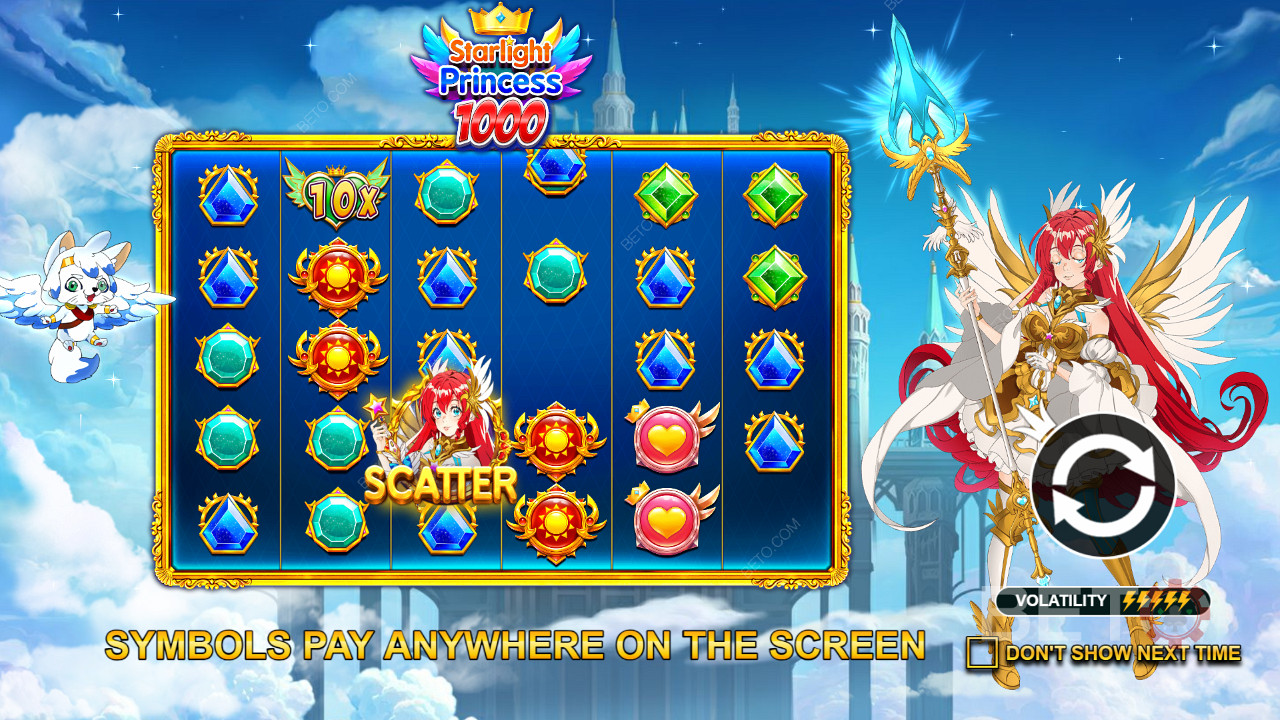 Score 8+ matching symbols anywhere to win in Starlight Princess 1000 pokie