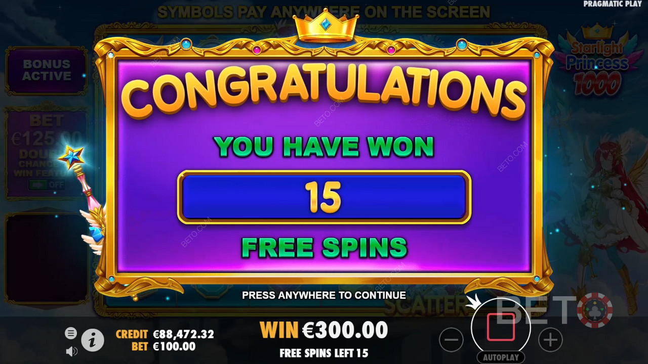 Score 15 Free Spins with a chance to extend in Starlight Princess 1000 pokie