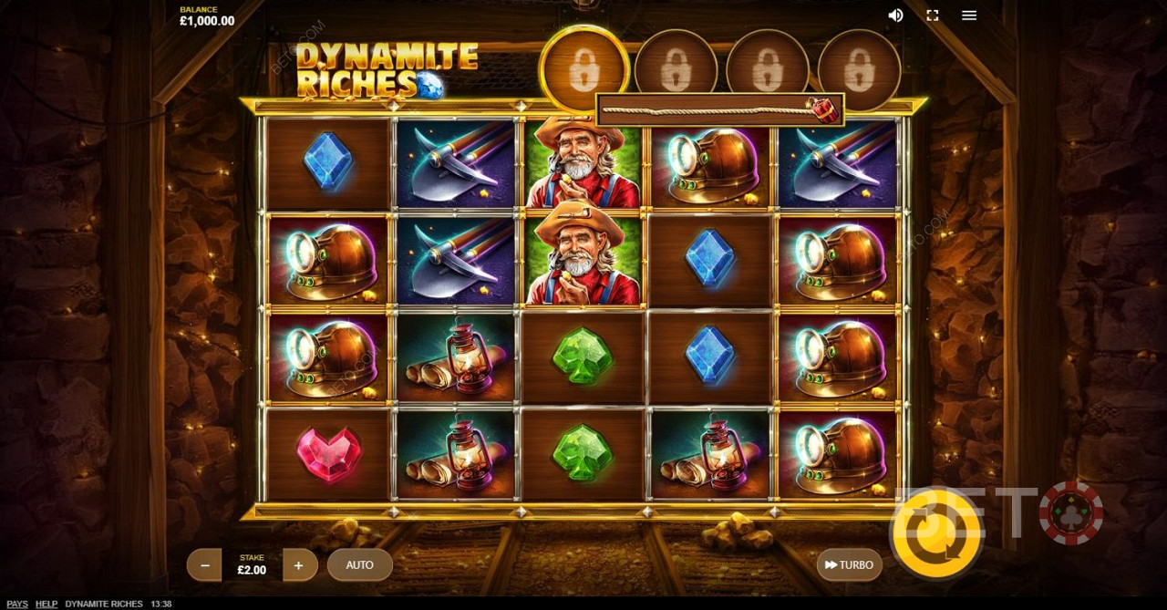 Score 15 times your wager with 5 matching symbols on Dynamite Riches reels