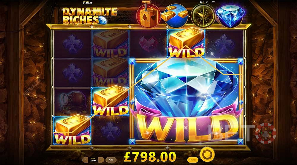 Gold bar and Expanding wilds can sub in for regular symbols to score big in Dynamite Riches