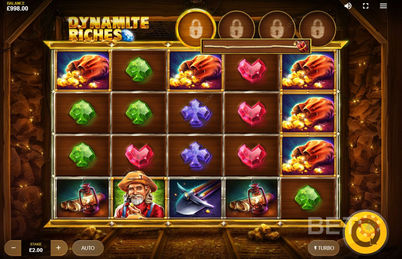 Dynamite Riches features gem symbols, gold coins, and a digger symbol in this pokie.