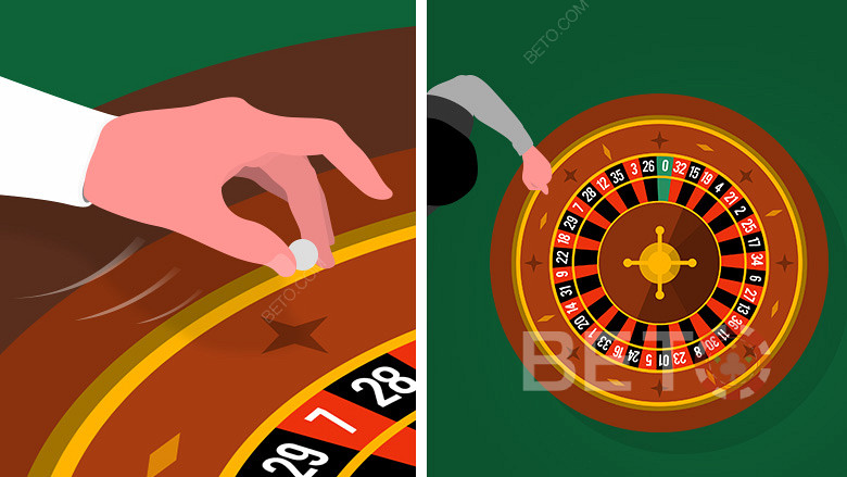 The croupier sends the ball spinning against the roulette wheel