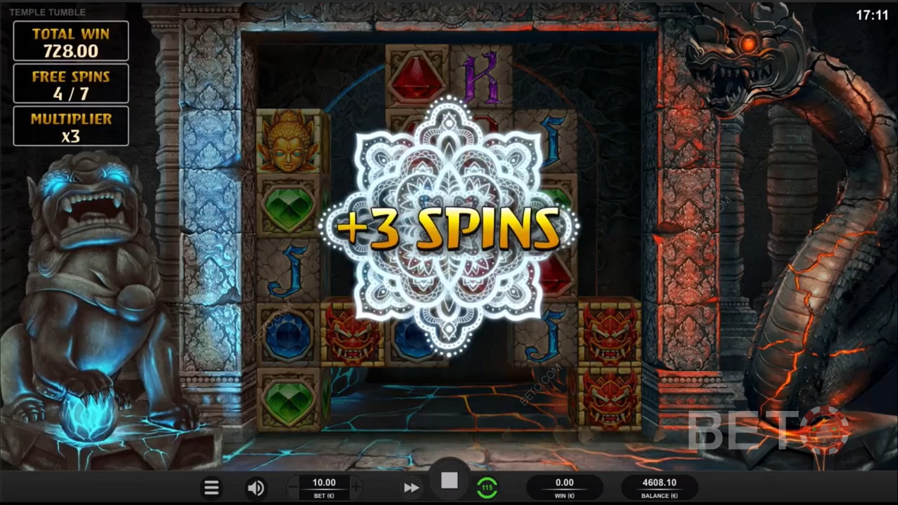 Scoring bonus free spins in Temple Tumble Megaways