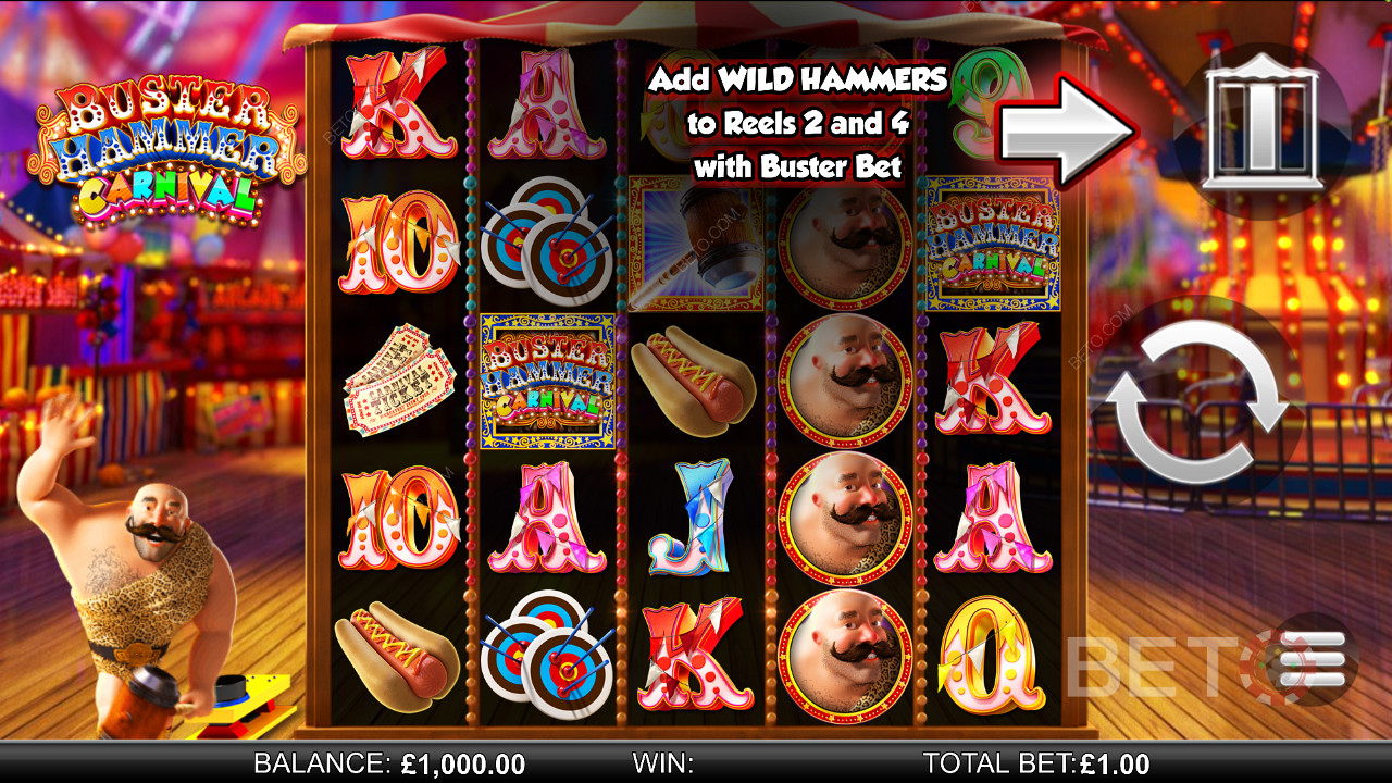 Buster Hammer Carnival - enjoy the Ripper Free Spins and the Gold Wild Hammer feature - a pokie from Reel Play