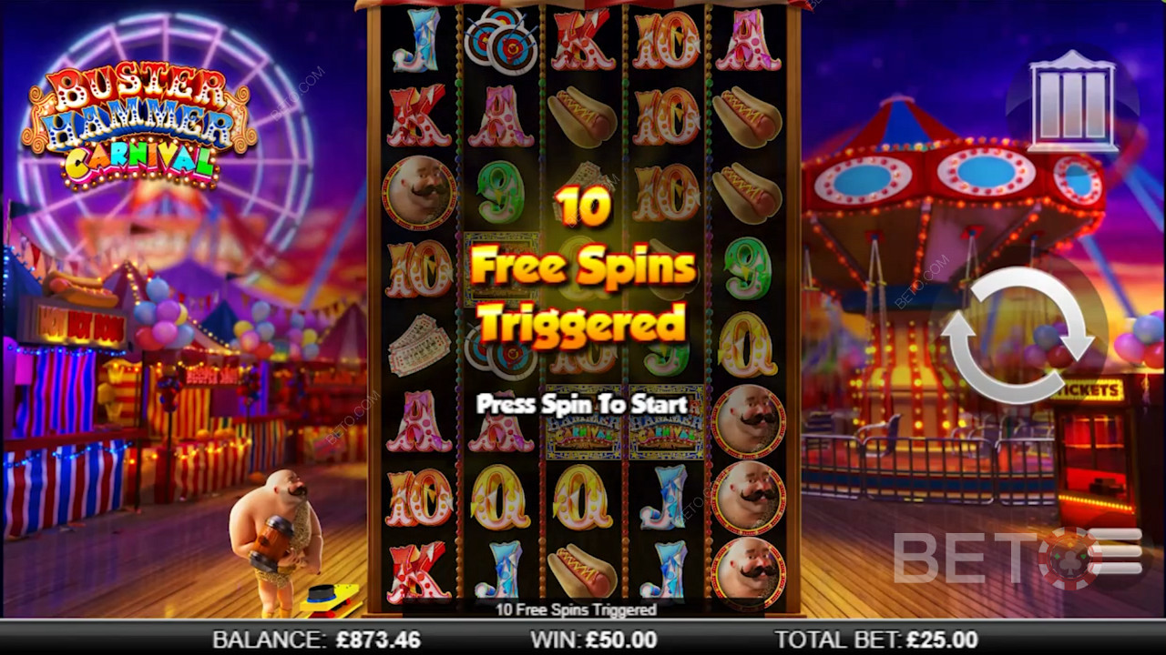 Score 10 free spins on Buster Hammer Carnival pokie game