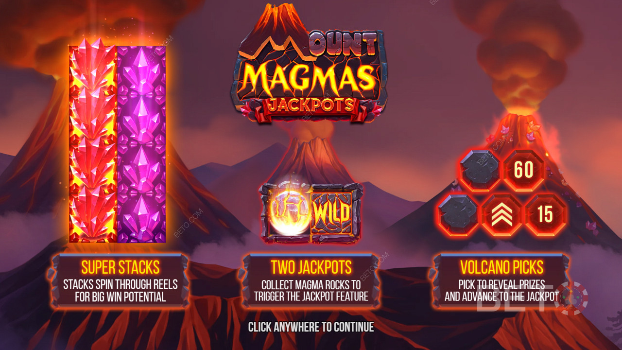 Score big with Super Stacks, 2 jackpots, and Volcano Bonus in Mount Magmas pokie