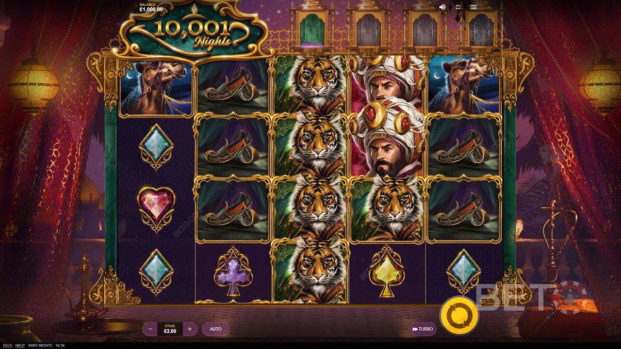Discover dazzling icons in 10,001 Nights pokie game