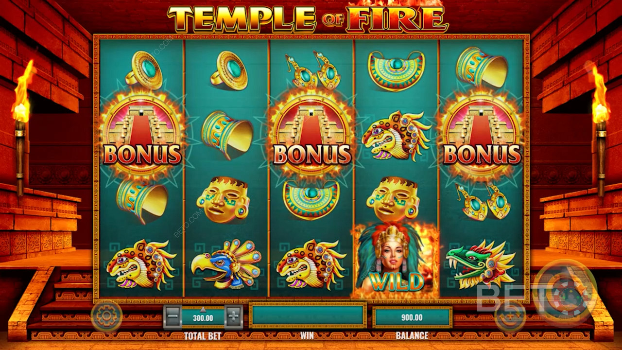 Score three Scatters for free spins in Temple of Fire pokie