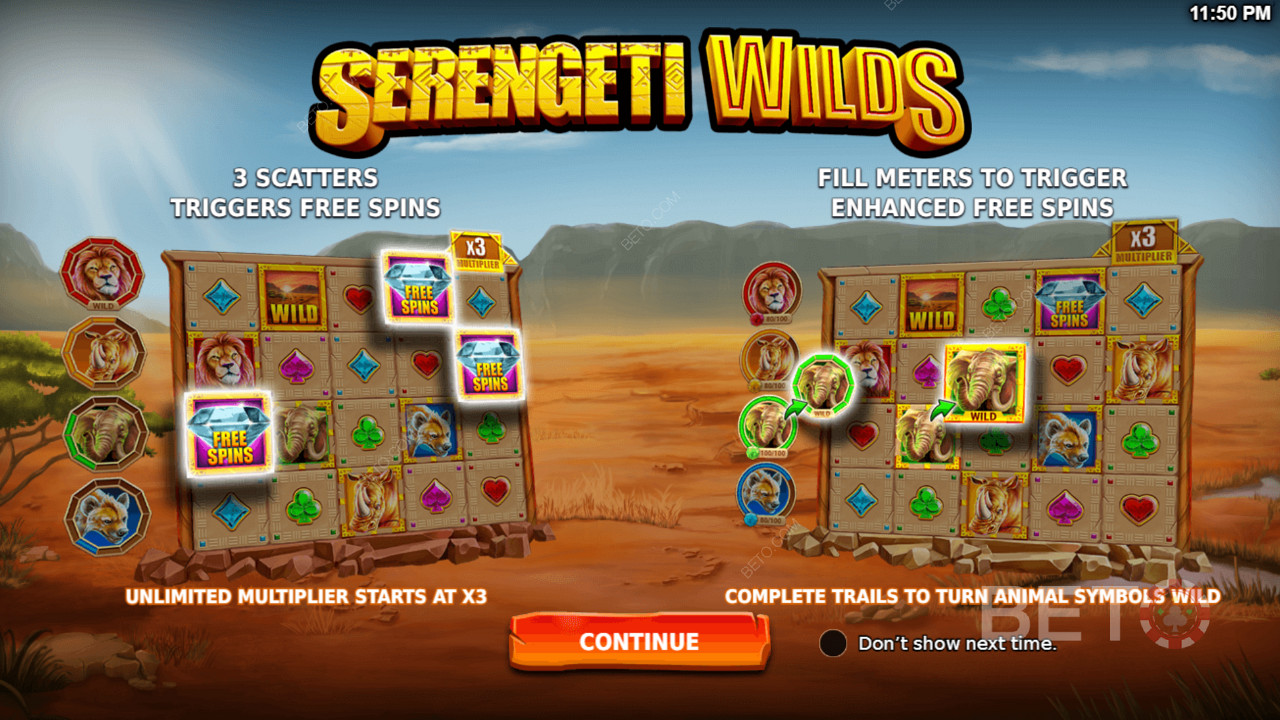 Unleash ripper features like Free Spins and Boosted Free Spins in Serengeti Wilds pokie