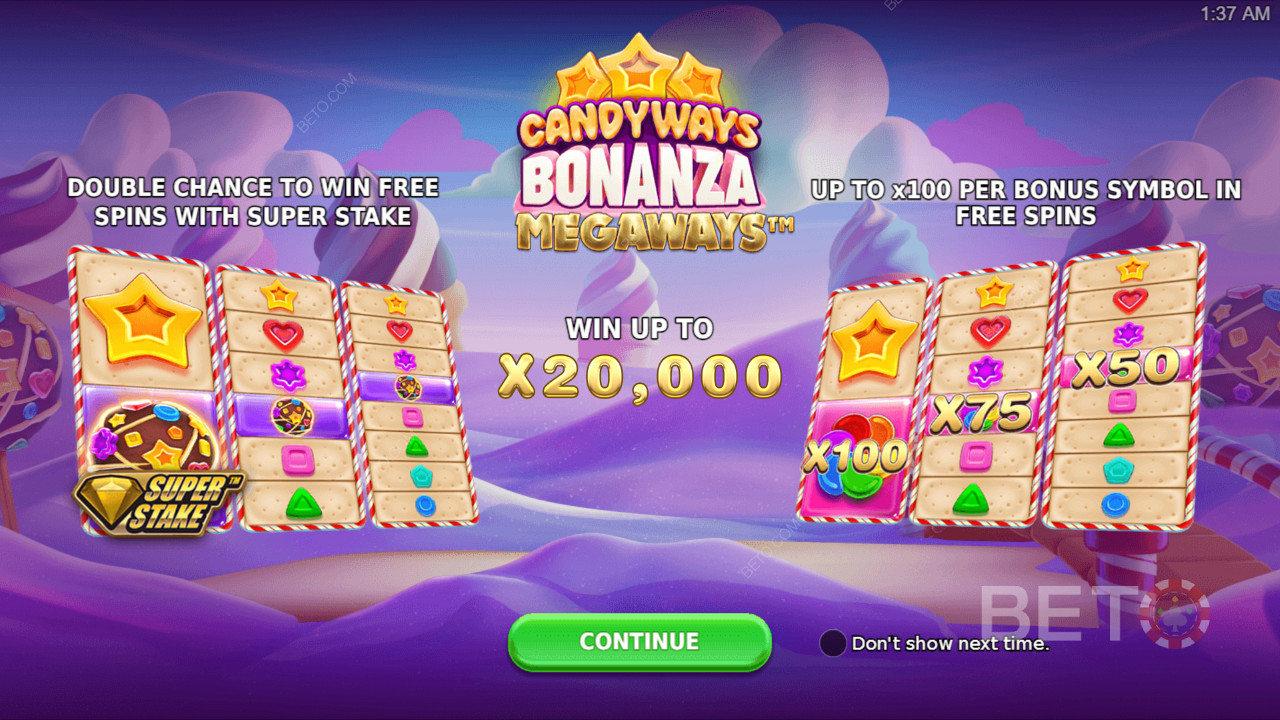 Score free spins with bonus symbol multipliers, Super Stake, and a top win of 20,000x