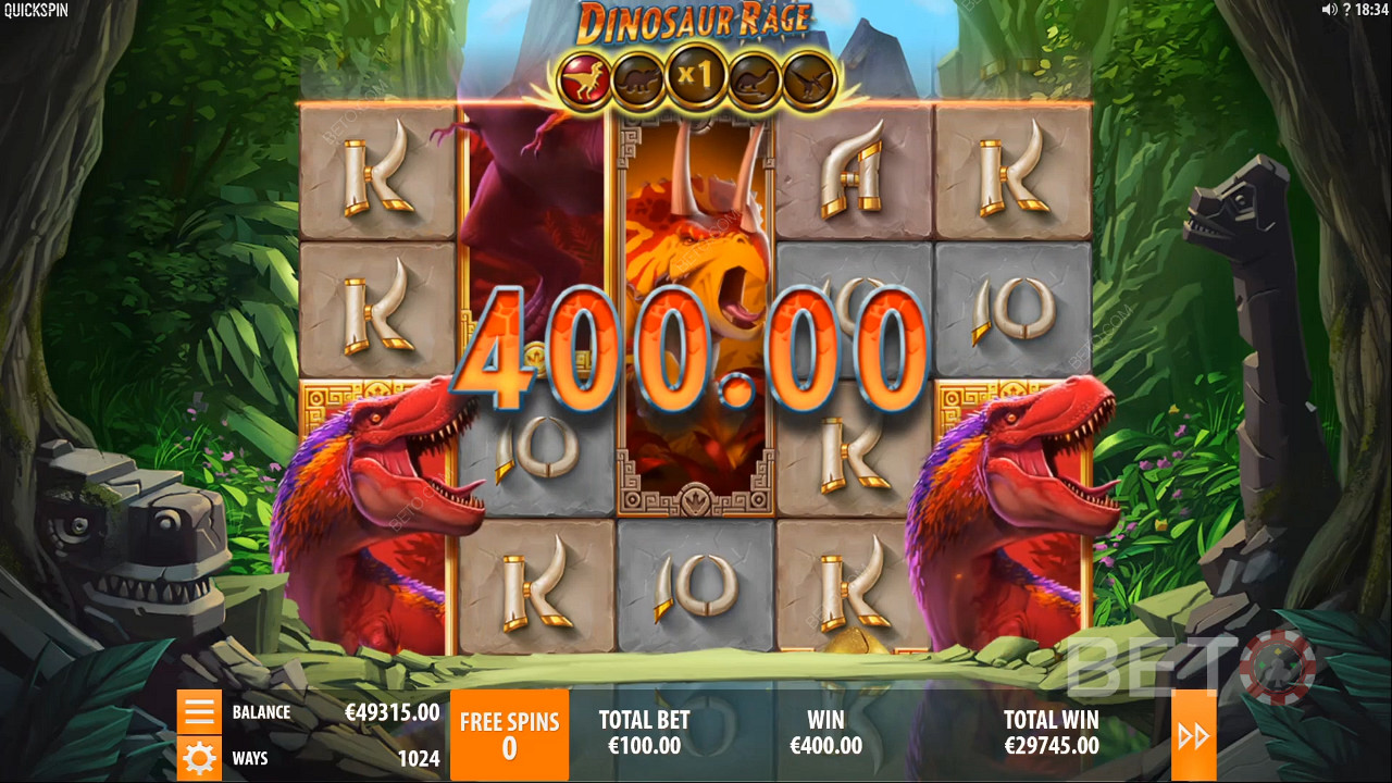 Scoring a 400-coin jackpot in Dinosaur Rage Pokie Machine