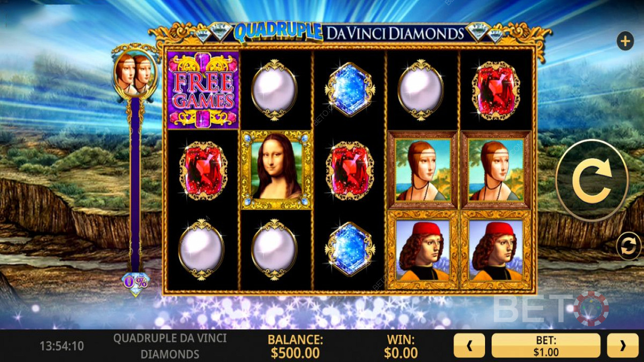 Score Free Spins, Spin Boost feature, and more in the Quadruple Da Vinci Diamonds pokie
