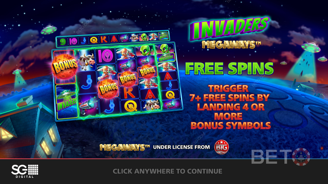 Score free spins with bonuses, tumbling reels, and more in Invaders Megaways pokie