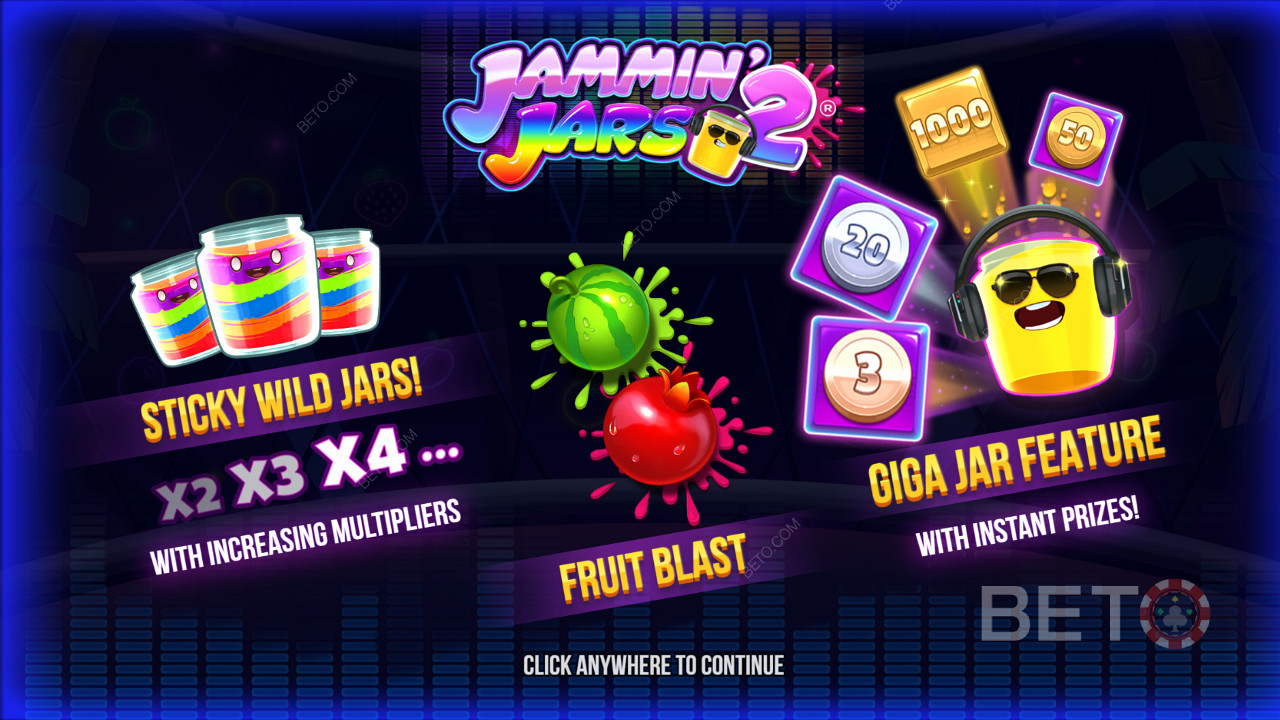 Score sticky Wilds, Fruit Blast bonus, and Giga Jar Spins in Jammin Jars 2 pokie