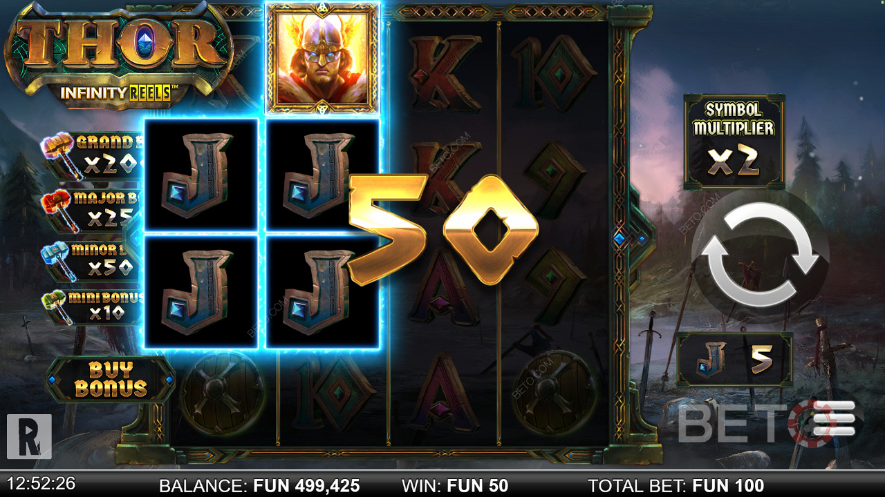 Score with 5+ symbols in a combo to win on Thor Infinity Reels pokie