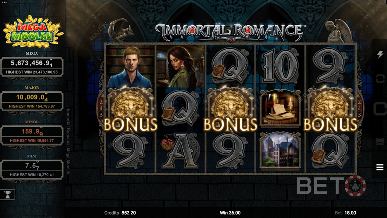 Three Scatter symbols unleash Free Spins in Immortal Romance Mega Moolah pokie