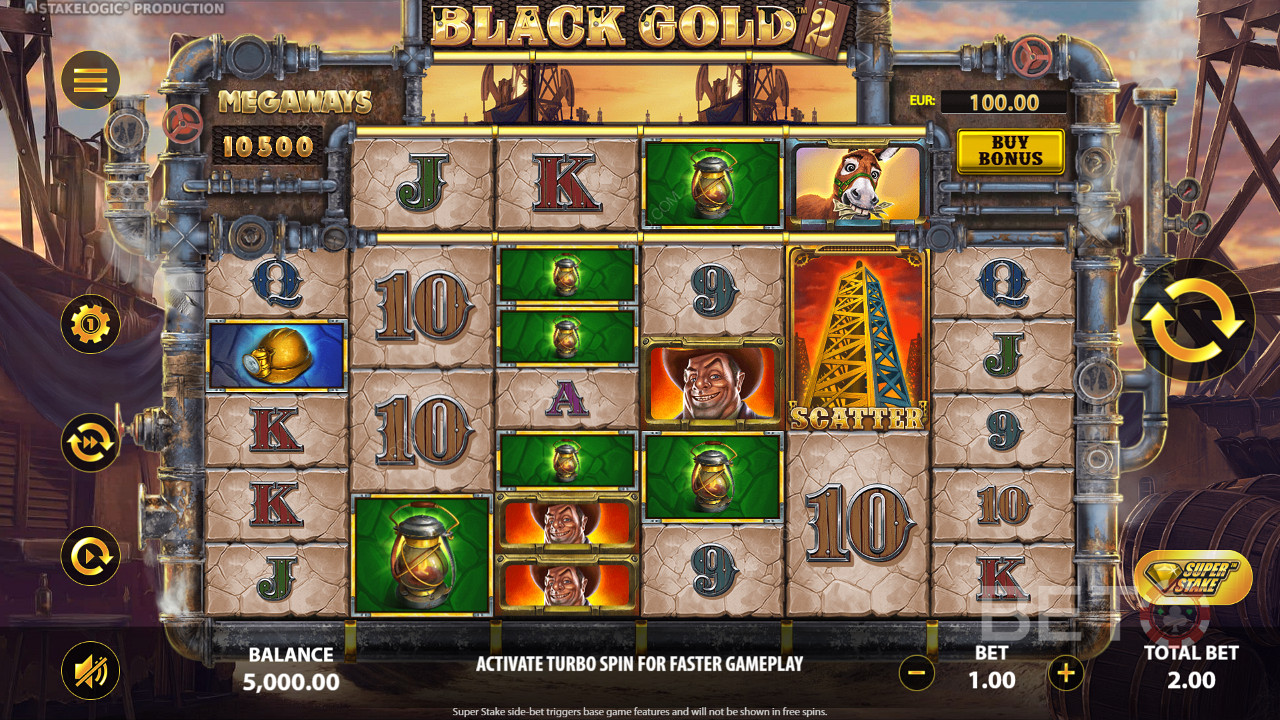 Score big with 3+ matching symbols in Black Gold 2 Megaways online pokie