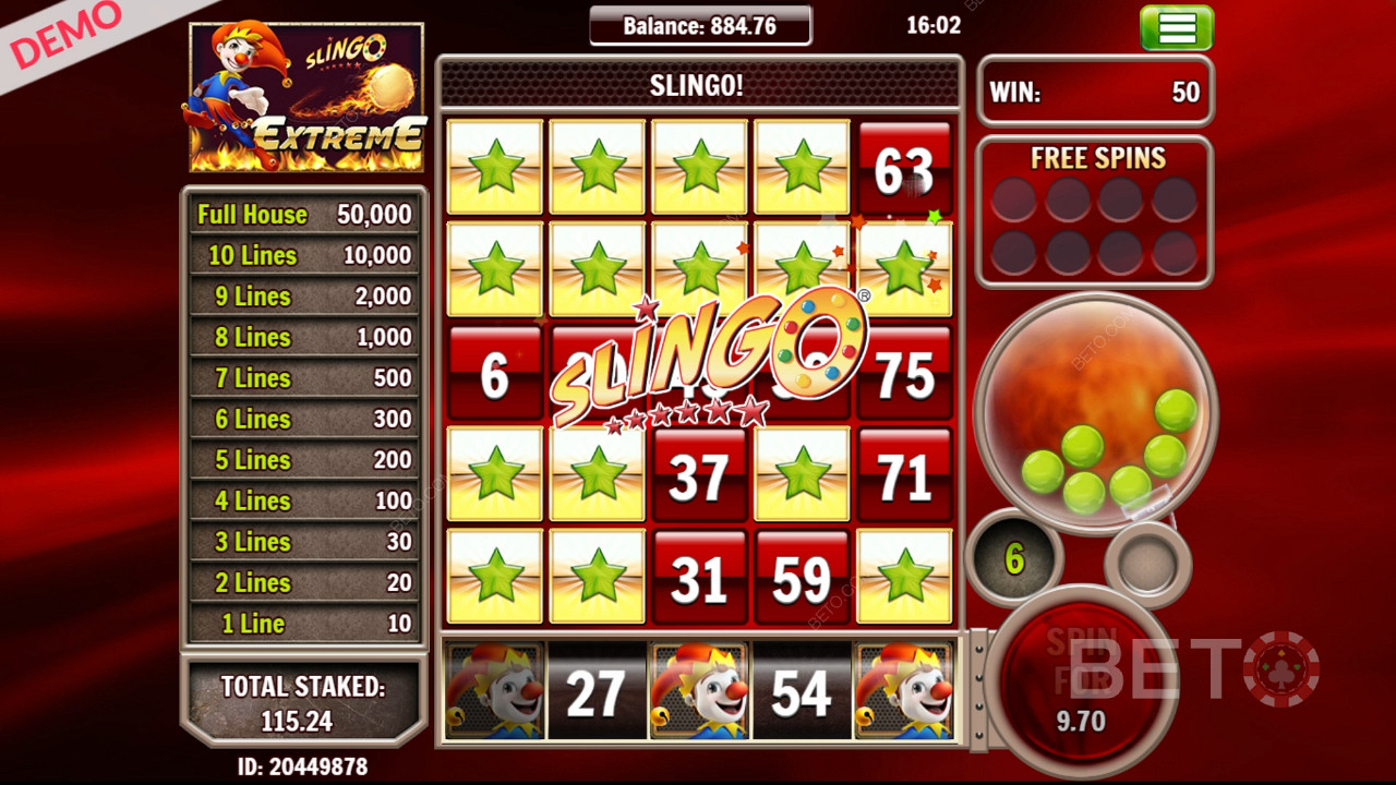 Slingo Extreme boasts a 5 by 5 grid with 25 unique numbers