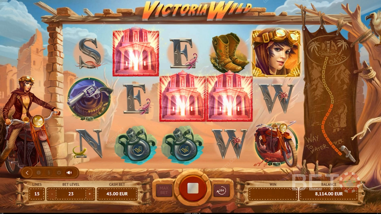 Score 3+ Temple Scatters for free spins in Victoria Wild online pokie