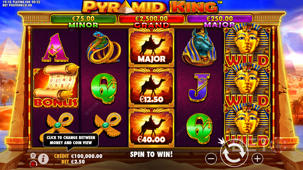 Unearth ancient riches and score big wins in the Pyramid King pokie