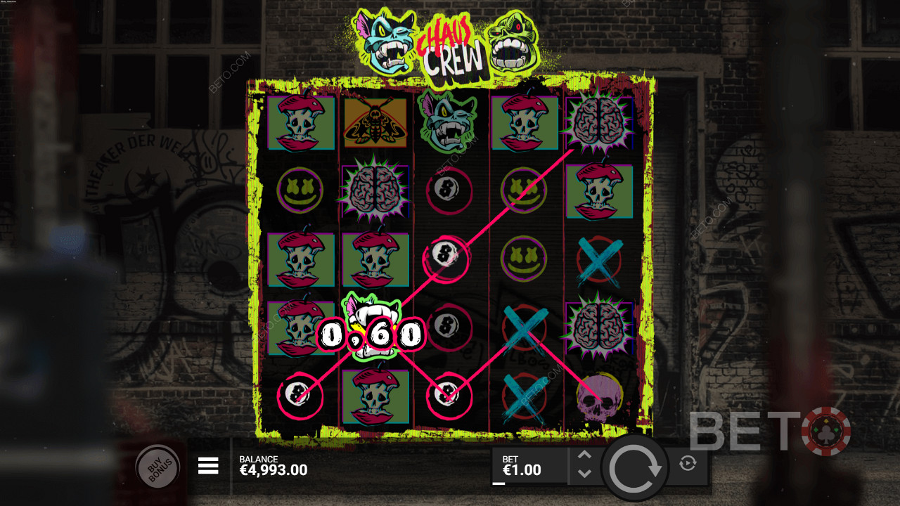 Score with 3-5 matching symbols in the Chaos Crew pokie