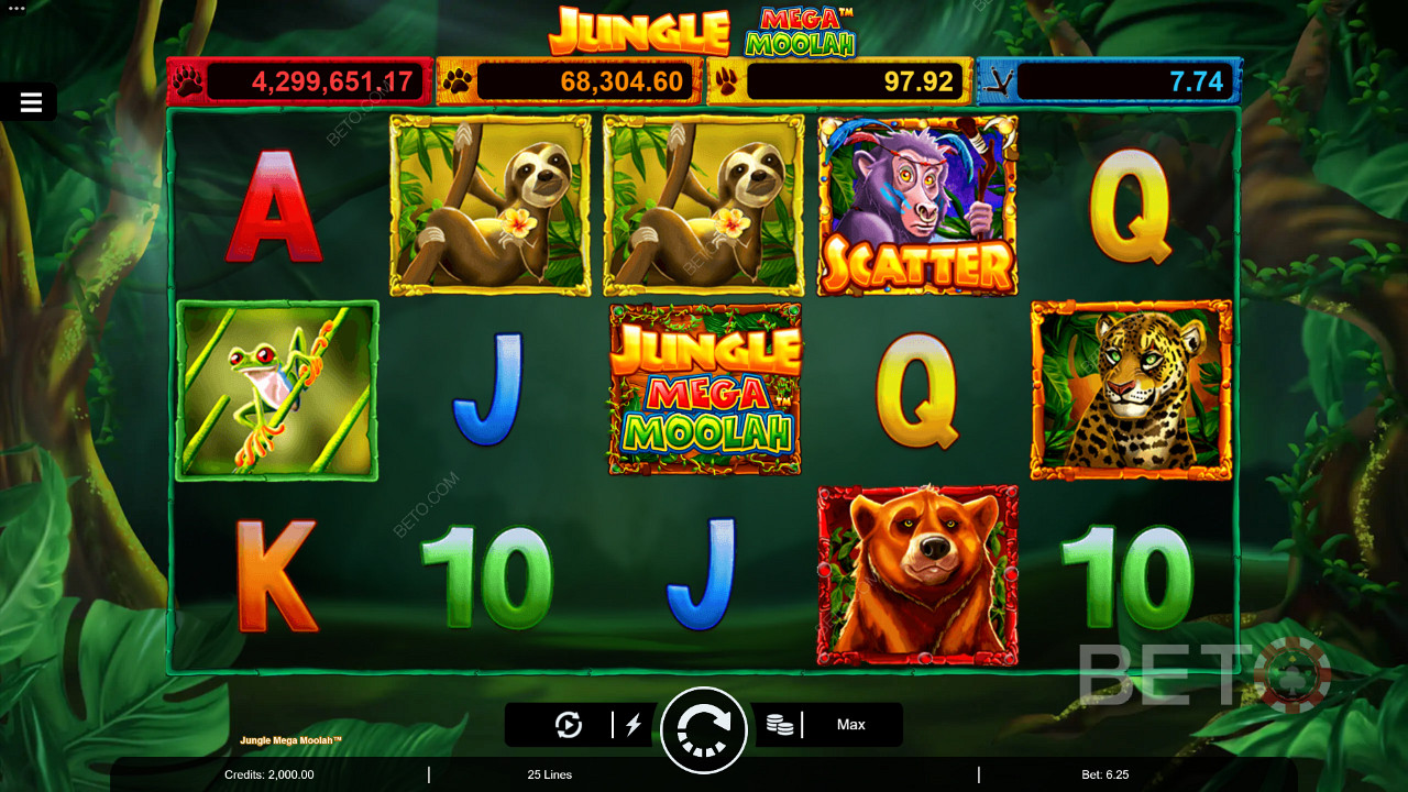 Score Multiplier Wilds, Free Spins, and four Progressive Jackpots in Jungle Mega Moolah pokie