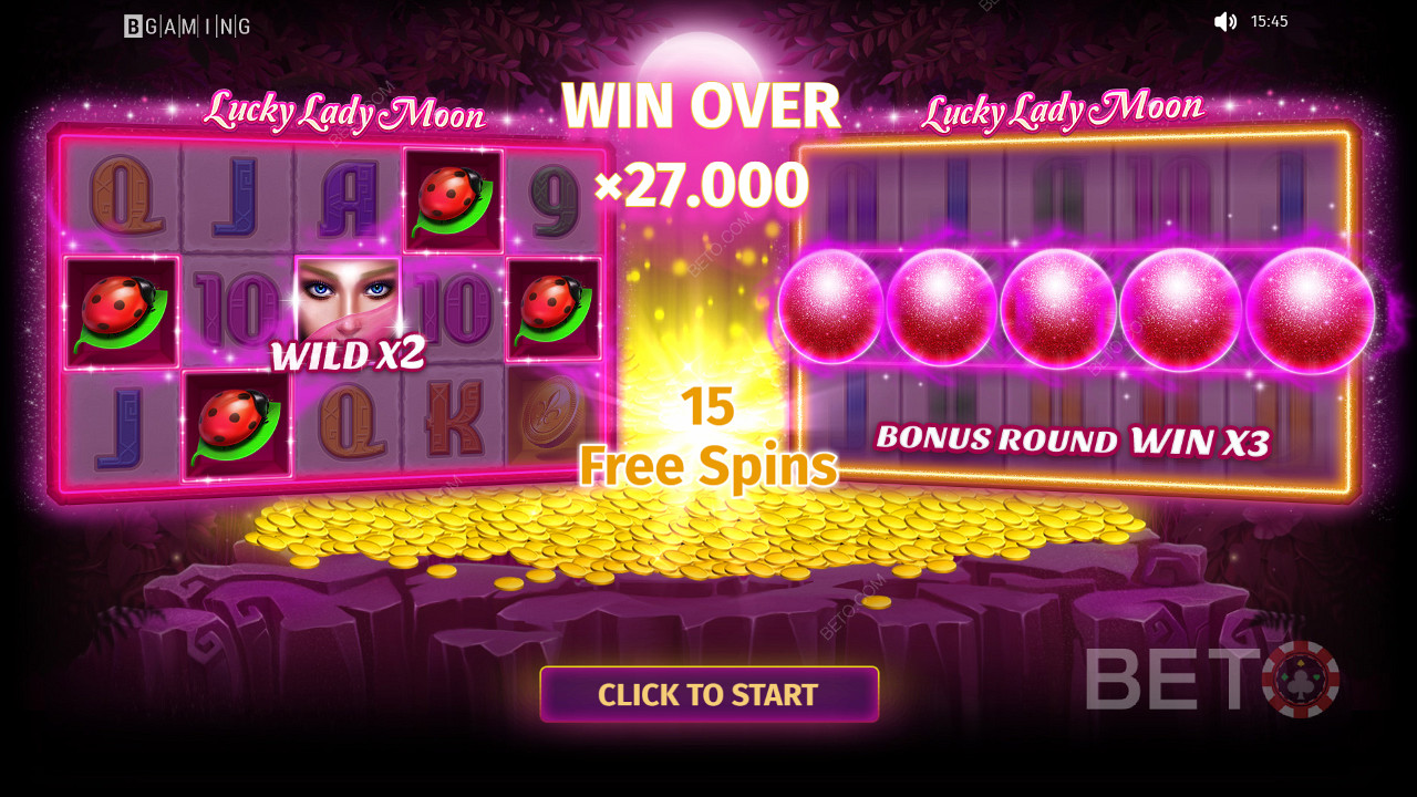 Keep spinning for ripper wins up to 27,000x your bet in Lucky Lady Moon pokie