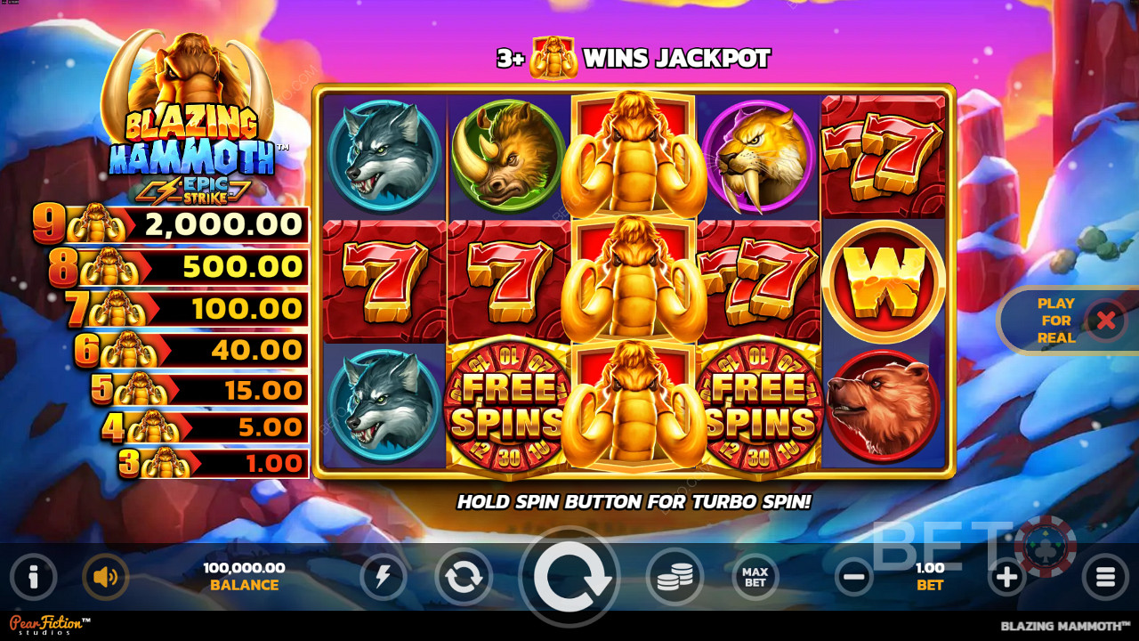 Score 3+ Mammoth icons anywhere for ripper wins in Blazing Mammoth pokie