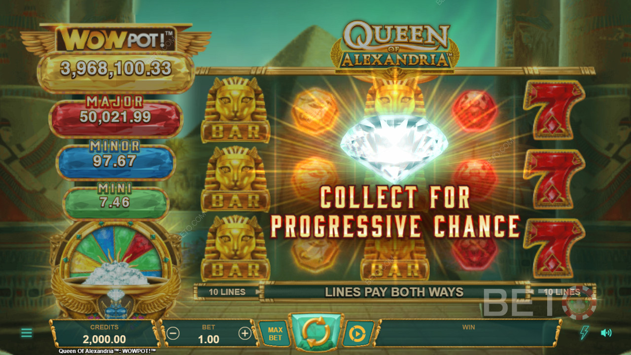 Score 3 Diamond symbols on the middle reels to unlock the Progressive Jackpot bonus