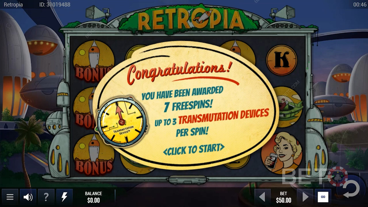 Score 5 Scatters for 7 free spins in Retropia pokie