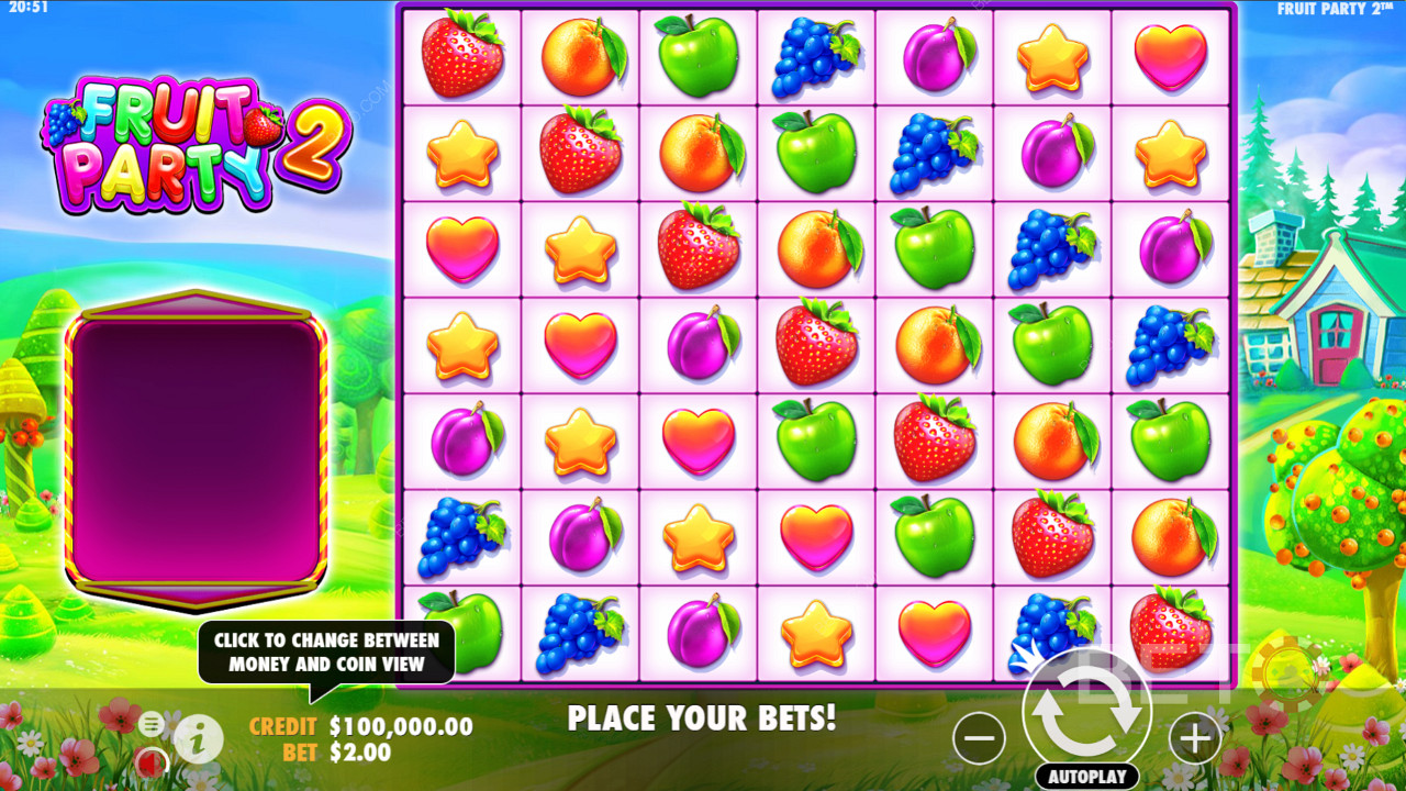 Tumble Feature cascades, swaps symbols from winning Fruit Clusters