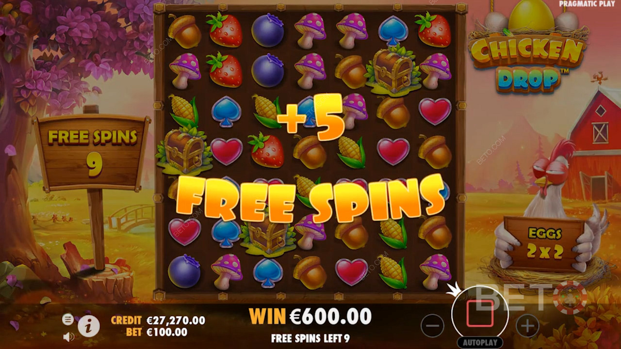 Score 5 bonus Free Spins in Chicken Drop pokie with 4+ bonus symbols
