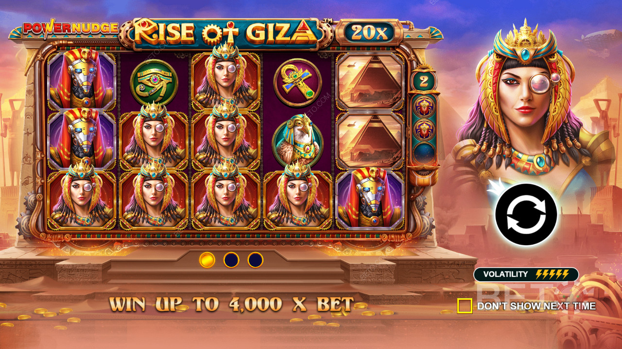 Score up to 4,000x your wager in Rise of Giza PowerNudge online pokie