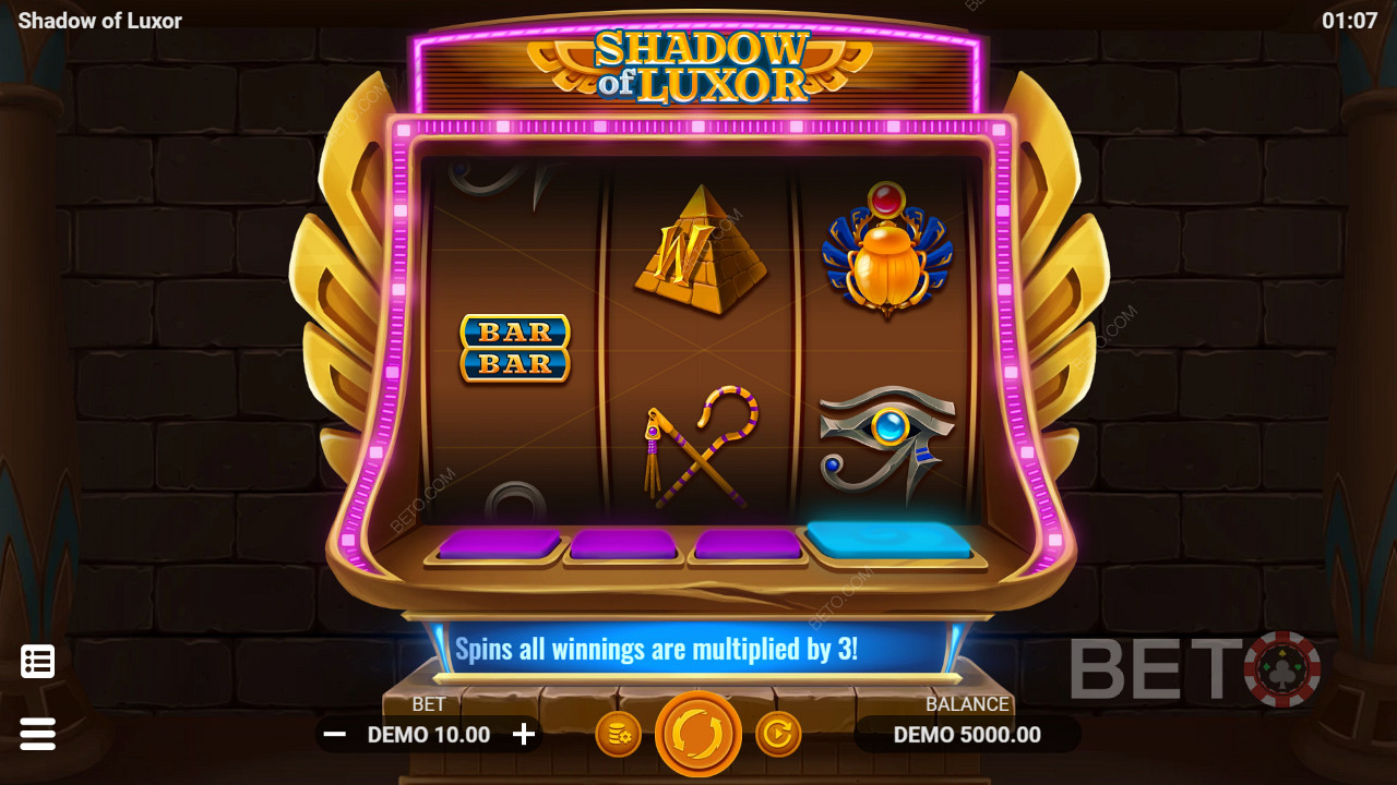 Three-reel pokie with classic and Egyptian symbols in Shadow of Luxor