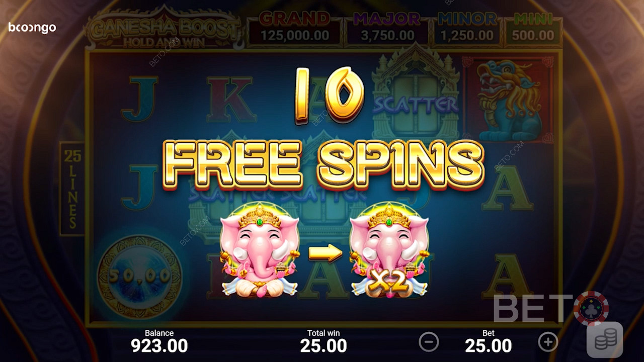 Score 3 Scatters for 10 free spins in Ganesha Boost Hold and Win pokie