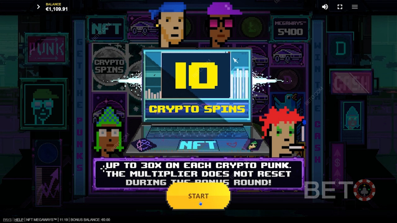 Score 10 Free Spins in NFT Megaways by nabbing 3 or more Scatters