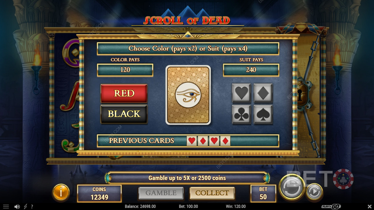 Risk your winnings in the Gamble feature for a shot at doubling up or losing it all