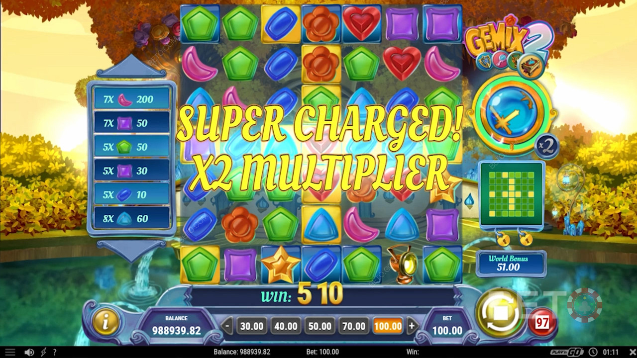 Rack up 50 winning symbols to trigger all 4 Crystal Charge bonuses with a 2x multiplier