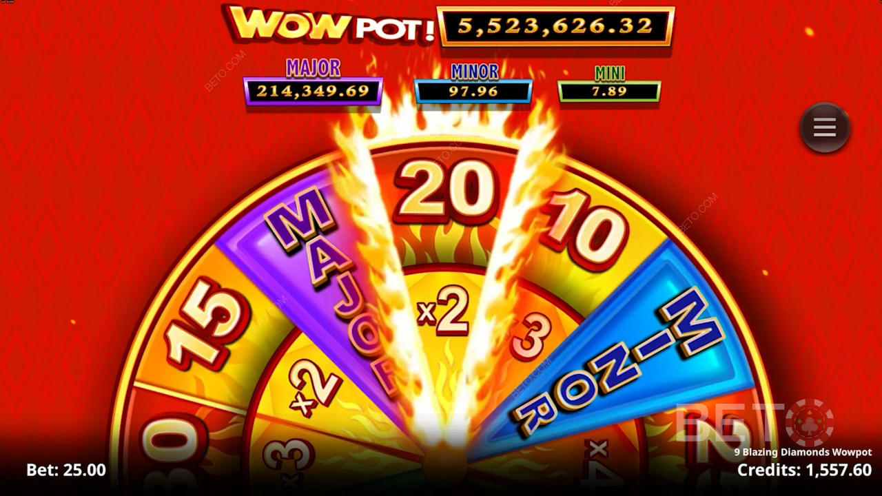Chase massive Wowpot Jackpot wins in the 9 Blazing Diamonds Wowpot pokie